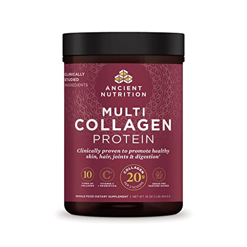 Ancient Nutrition Hydrolyzed Collagen Peptides Powder with Probiotics, Unflavored Multi Collagen Protein for Women and Men with Vitamin C, 45 Servings, Supports Skin and Nails, Gut Health, 16oz - Unflavored - 45 Servings