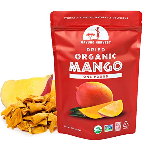 Mavuno Harvest Mango Dried Fruit Snacks | Unsweetened Organic Dried Mango Slices | Gluten Free Healthy Snacks for Kids and Adults | Vegan, Non GMO, Direct Trade | 1 Pound Resalable Bag - Mango - 1 Pound (Pack of 1)