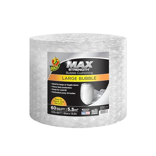 Duck Max Strength Bubble Cushioning Wrap for Moving & Shipping, 60 FT Large Bubble Packing Wrap, Heavy Duty Protection for Mailing & Packaging Boxes, Clear Bubble Roll Supplies Perforated Every 12 IN - 12 in. x 60 ft.