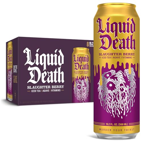Liquid Death, Slaughter Berry Iced Tea, Raspberry Flavored Tea Sweetened With Real Agave, B12 & B6 Vitamins, Low Calorie & Low Sugar, 8-Pack (King Size 19.2oz Cans) - Slaughter Berry - 8 Pack