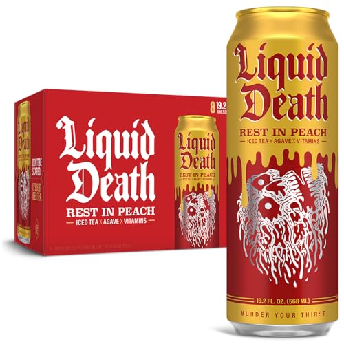 Liquid Death, Rest In Peach Iced Tea, Peach Flavored Tea Sweetened With Real Agave, B12 & B6 Vitamins, Low Calorie & Low Sugar, 8-Pack (King Size 19.2oz Cans) - Rest in Peach - 8 Pack