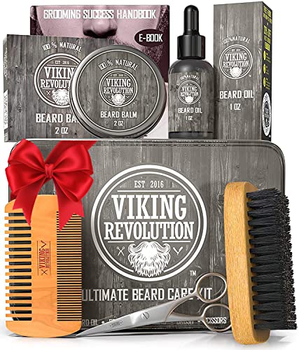 Viking Revolution Beard Care Kit for Men - Ultimate Beard Grooming Kit includes 100% Boar Men’s Beard Brush, Wooden Beard Comb, Beard Balm, Beard Oil, Beard & Mustache Scissors in a Metal Box - Care Kit