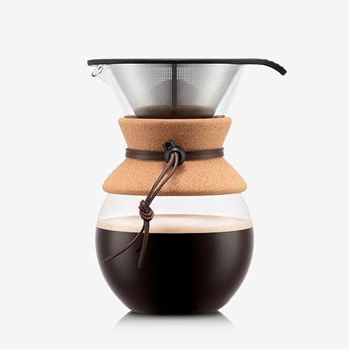 Bodum 34 Oz Pour Over Coffee Maker, High-Heat Borosilicate Glass with Reusable Stainless Steel Filter and Cork Grip - Made in Portugal - Cork - 34oz