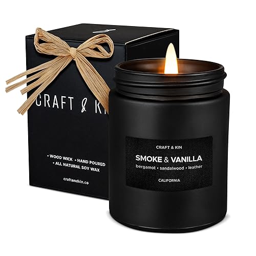 Premium Smoke & Vanilla Candle | Christmas Scented Candles for Men | Holiday Candles | Soy Candle | Fall Candles for Home Scented | Black Candles, Long Lasting Candles with 45 Hour Burn Time 7.6oz - Smoke & Vanilla - Black Jar - 7.6oz
