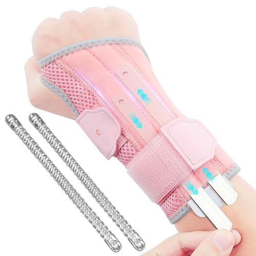 CURECARE 2 in 1 Carpal Tunnel Wrist Brace, 3 Adjustable Stability Wrist Support, Customized Wrist Splint with Replaceable Springs (Right - Pink, S/M) - S/M - Right-Pink