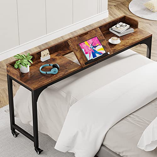 Tribesigns Overbed Table with Wheels, Queen Size Over Bed Table with Adjustable Tilt Stand Board, Mobile Computer Desk Laptop Cart Bar Table for Home and Hospital - Retro Brown - With Tilt Board
