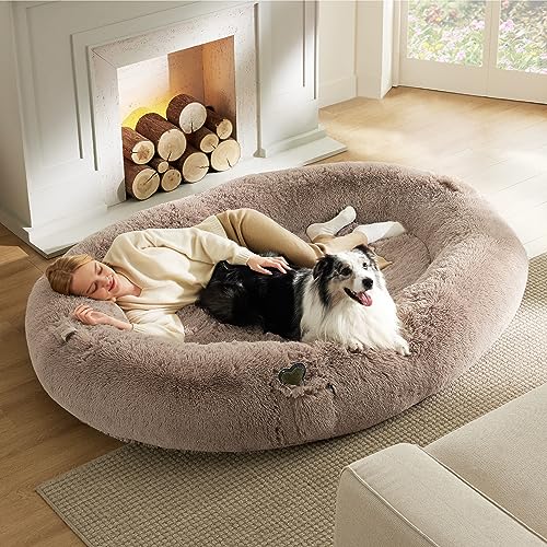 Bedsure Calming Human Size Giant Dog Bed for Pet Families, Memory Foam Supportive Mat with Storage Pocket, Fluffy Faux Fur Orthopedic BeanBed, Camel - 72.0"L x 48.0"W x 12.0"Th - Camel