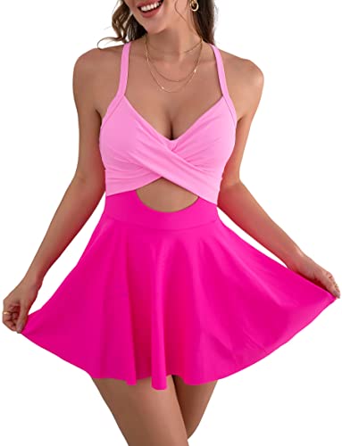 B2prity Women Cutout One Piece Skirt Swimsuit V Neck Wrap Tie Back Swimdress Tummy Control Bathing Suit - X-Small - Hot Pink
