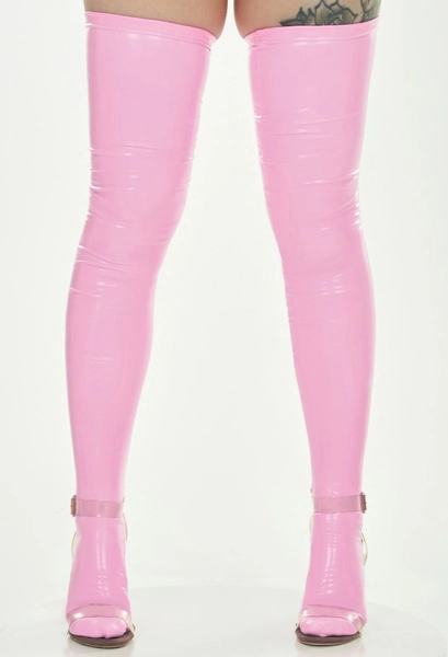 Sexy Thigh High Stockings Shiny Solid Pink PU Elastic Shaping Stretchy Over Knee Socks