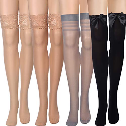 SATINIOR Silk Thigh High Stocking for Women Lace Silicone Socks Satin Bow Top Stocking - Medium - Brown, Dark Skin, Gray, Black