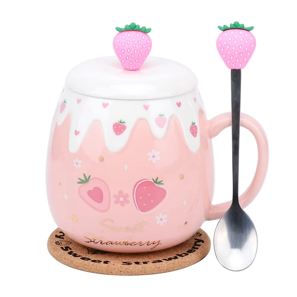 Pink Mug,Kawaii Strawberry Cup,Cute Ceramic Coffee mug with Lid and Lovely Spoon,Sweet Coaster,Novelty Morning Cup, Christmas Birthday Gift Cute Thing Korean Mug for girls women (Small Strawberry)