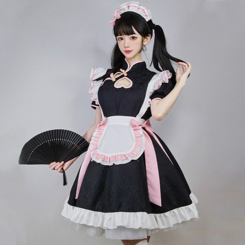 Lolita French Maid Anime Cosplay dress with Cheongsam style. - Maid Outfit+Headpiece / S