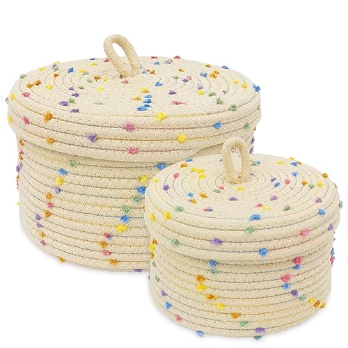 Esme L&H Round Storage Baskets with Lids,Small Storage Baskets Set of 2,Cotton Rope Woven Storage Baskets,Small Decorative Basket, Colorful Rainbow Pompom, Cute Storage Basket, Bins, Box for storage - Rainbow 2