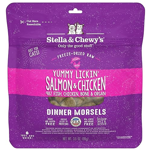 Stella & Chewy's Freeze-Dried Raw Cat Dinner Morsels – Grain Free, Protein Rich Cat & Kitten Food – Yummy Lickin’ Salmon & Chicken Recipe – 3.5 oz Bag - Salmon & Chicken - 3.5 Ounce (Pack of 1)