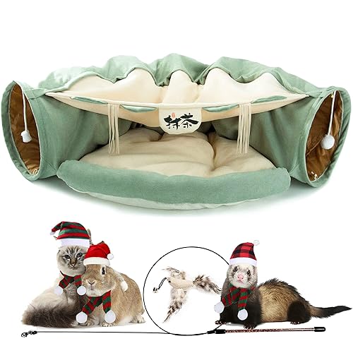 KUCDBUN Cat Tunnel Bed, 2-in-1 Collapsible Cat Tunnel Tubes Toys with Removable Mat for Pet Cats Kittens Puppies Rabbits Bunnies Ferrets (Matcha) - Matcha