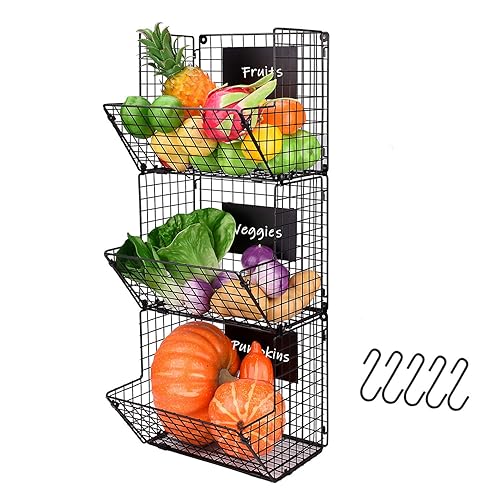 X-cosrack Metal Wire Basket Wall Mount, 3 Tier Wall Storage Basket Organizer with 5 S Hooks, Kitchen Fruits and Vegetables Bin Toys Organizer Hanging Basket Black (L(12.2" D x 12.2" W x 30" H)) - L(12.2"D x 12.2"W x 30"H)