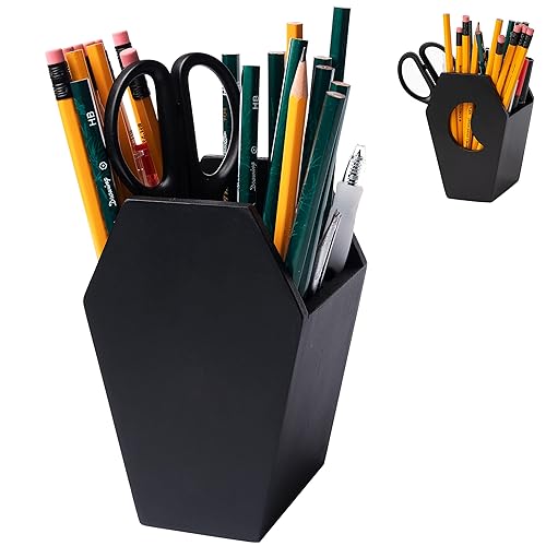 IRISVITA Small Coffin Pen Holder for Desk (Redesigned), Spooky Makeup Brush Holder, Gothic Decor for Home, Black Pencil Holder for Desk, Goth Room Decor, Mini Goth Vanity Organizer