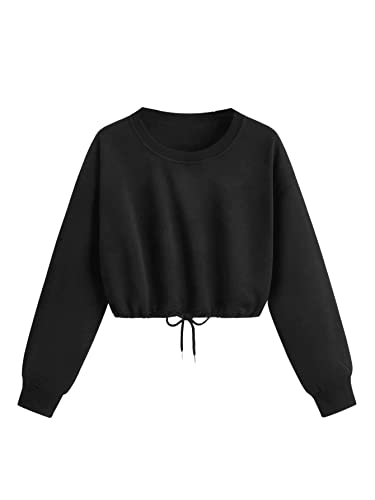 SheIn Damen Crop Pulli Bauchfrei Sweatshirt Langarm Kurz Oberteile Langarmshirt Cropped Pullover mit Schnürzug - L - Schwarz