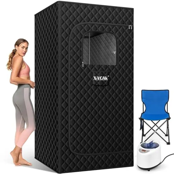 X-Vcak Portable Steam Sauna, Portable Sauna for Home, Sauna Tent Sauna Box with 2.6L Steamer, Remote Control, Folding Chair, 9 Levels, Black, 2.6’ x 2.6’ x 5.9’