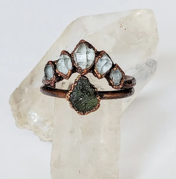 Moldavite and Herkimer Diamond Custom Ring Set, Copper Electroformed Ring, Raw Stone Ring, Boho Moldavite Copper Ring, Raw Stone Ring Set