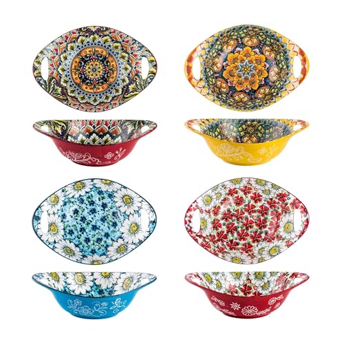 Henten Home Ceramic Cereal Bowls with Handle, 19 oz Soup Bowls Set of 4, Bohemia Porcelain Pasta Bowls, Floral Salad Bowls Set for Kitchen, Ramen, Udon, Microwave & Dishwasher Safe