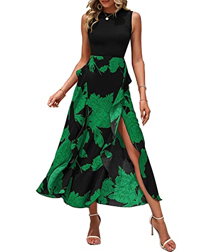 BTFBM Women Casual Sleeveless Summer Dresses 2023 Spring Crewneck Patchwork Boho Floral Ruffle Cocktail Party Midi Dress - Medium - Big Floral Green