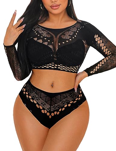 Avidlove Women's Fishnet Lingerie for Women Sexy Two Piece Lingerie Set Stripper Outfit - One Size - Black-long Sleeve
