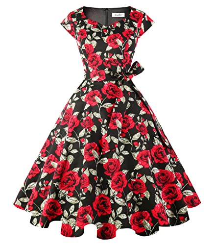 Kingfancy Women Vintage 1950s Dress Retro Cocktail Party Swing Dresses with Cap Sleeves - Medium - Blackredrose