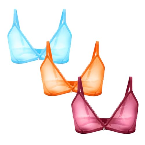 varsmiss Women Sheer Mesh Transparent Unlined Bra Sexy Wireless Underwear - Orange+blue+wine Red - Medium