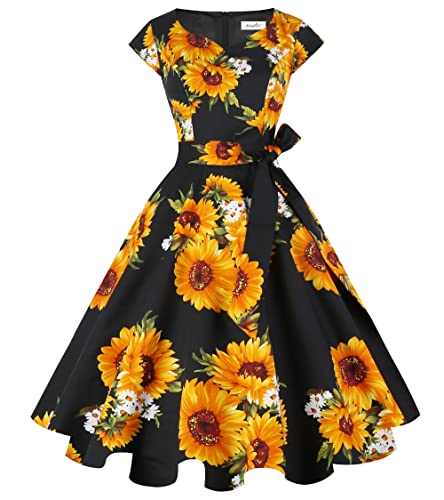 Kingfancy Women Vintage 1950s Dress Retro Cocktail Party Swing Dresses with Cap Sleeves - Medium - Black Sunflower