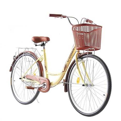 BSTSEL 26 Inch Wheels Vintage bike Fabric Bike City Classic Bicycle, Retro Bicycle With 1 Speed Shimano Gears, Sprung Saddle, Rack And Front Basket Formal Road Bike For Woman - Brown