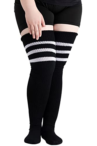 Women's Plus Size Thigh High Socks for Thick Thighs, Extra Long Over Knee Striped Stockings, Knee High Leg Warmer Boot Socks - Large Plus - Black Stripe