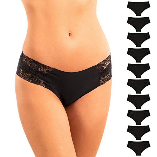 Pretty Sweet Intimates Women’s Laser Cut Cheeky Bikini Underwear, Pack of 10, Seamless and No Show with Lace - Large - Black Pack of 10