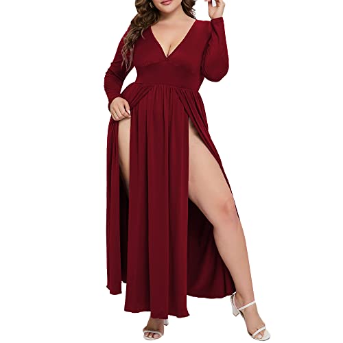 SILUI Women's 2023 Fall Plus Size Sexy Double High Slit Deep V Neck Long Sleeve Thigh Split Maxi Club Party Dresses Wine Red