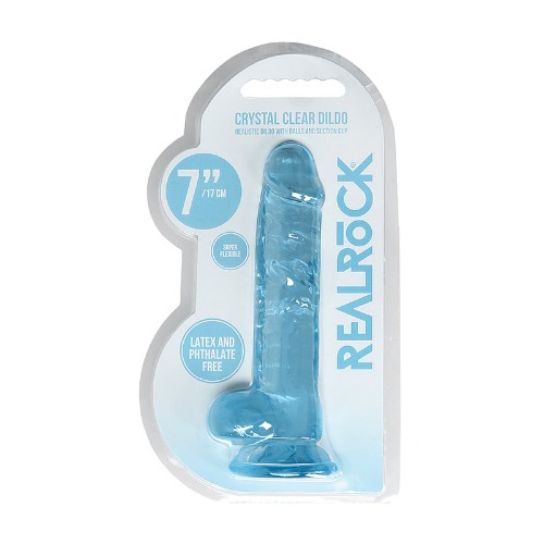RealRock Crystal Clear Realistic 7 in. Dildo With Balls and Suction Cup - Blue