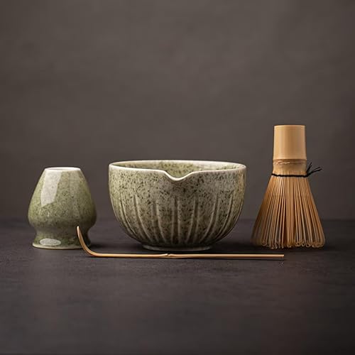 TANG PIN Matcha Set - Match Bowl with Spout and Whisk, 15 OZ, Matcha Scoop | Matcha Whisk Stand (Chasen Holder) - 4pc Perfect Matcha Kit for Matcha Tea Ceremony (Mottled Green) - Mottled Green