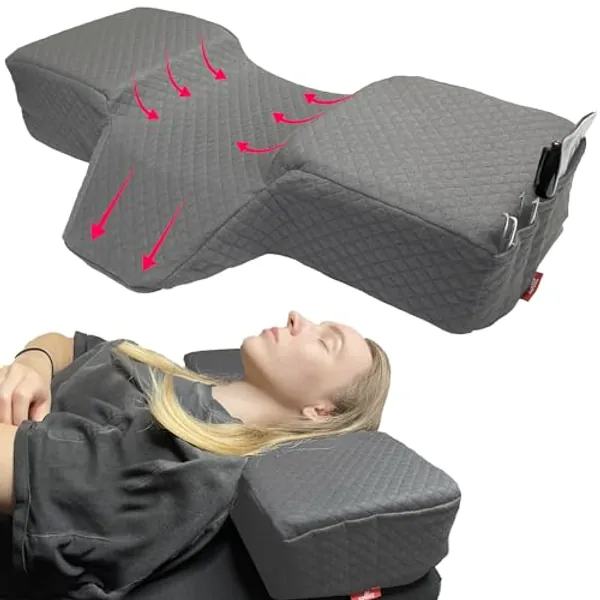 XOLLOZ Pillow for Eyelash Extensions - Curved Memory Foam Lash Bed Pillow with Neck and Back Support, Perfect Pillow for Eyelash Extensions, Two Pockets for Tools On The Sides of Pillow (Gray)