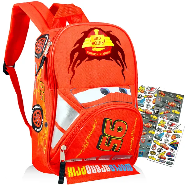 Disney Cars Lightning McQueen Backpack for Kids Bundle ~ Deluxe 16" Cars Backpack with Stickers (Disney Cars School Supplies)