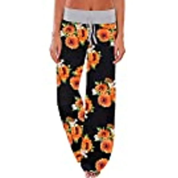 AMiERY Women's Comfy Casual Pajama Pants Floral Print Drawstring Palazzo Lounge Pants Wide Leg