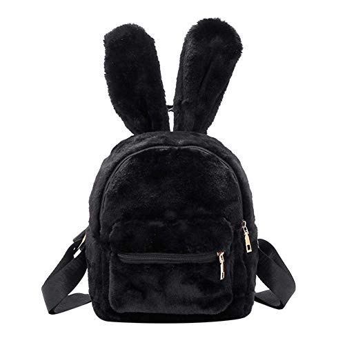 Damen Kunstfell-Mini-Rucksack, niedliche Hasenohren, Schultertasche, Geldbörse, Plüsch Schwarz Schwarz 9.84" x 7.8" x 3.91" - Schwarz