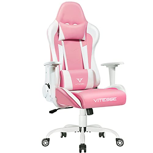 PUKAMI Pink Cute Kawaii Gaming Chair for Girl Ergonomic Desk Racing Office Adjustable High Back Game Swivel Leather Chair with Lumbar Support and Headrest - Pink