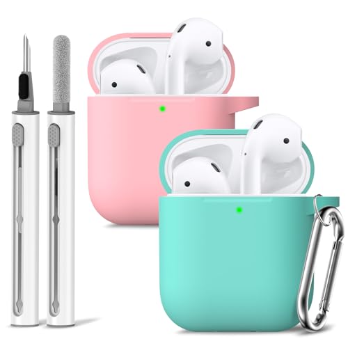 2 Pack Airpods Case Cover 2&1 with Cleaner Kit,Soft Silicone Protective Case Compatible with Apple AirPods 2nd/1st Generation Charging Case with Keychain, AirPod Case for Women Men(Pink+Mint Green) - Pink+Mint green