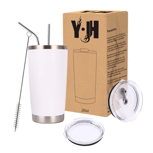 Y·J&H 20oz (550ml) Travel Tumbler Double Wall Vacuum Insulated Coffee Mug Stainless Steel Coffee Cup with 2 Splash Proof Lid, 2 Straws & Free Cleaning Brush, BPA Free - White