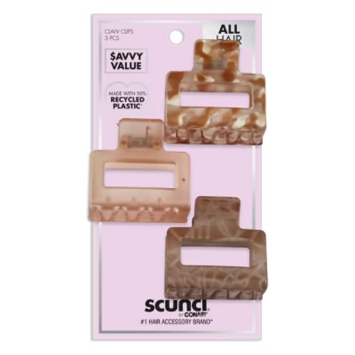 scünci Recycled Rectangular Open Center Claw Clips - Neutral - All Hair - 3pk