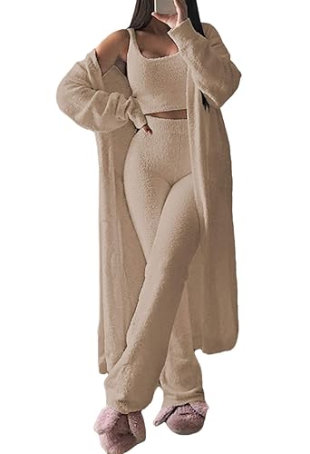 Fixmatti Women's Fuzzy 3 Piece Sweatsuit Open Front Cardigan Crop Tank Tops Wide Legs Pants Lounge Sets - Medium - Camel