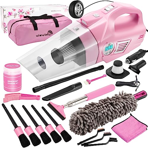 Vioview Pink Car Cleaning Kit, 21PCS Car Detailing Kit Interior Cleaner with 4-in-1 Handheld Car Vacuum Cleaner, Detailing Brush Set, Side Mirror Squeegee, Car Accessories for Cleaning, Gift for Women - Pink - 21 PCS