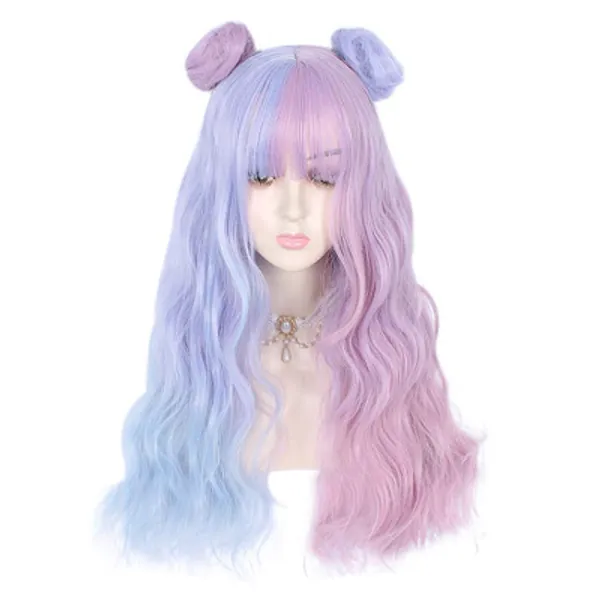 26" Long Curly Wavy Harajuku Lolita Heat Resistant Synthetic Cute Cosplay Costume Hair Daily Halloween Party (BluePink)