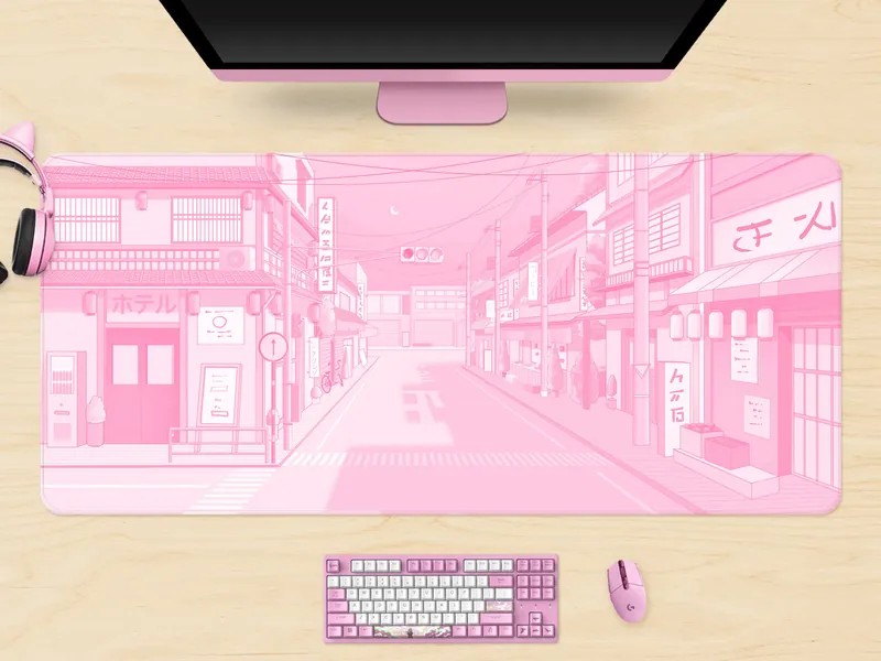 Pink Anime Desk Mat xl,Kawaii Mousepad Tokyo street, Retro lo-fi pastel Anime aesthetics, xxl extra large gaming deskmat, mouse pad