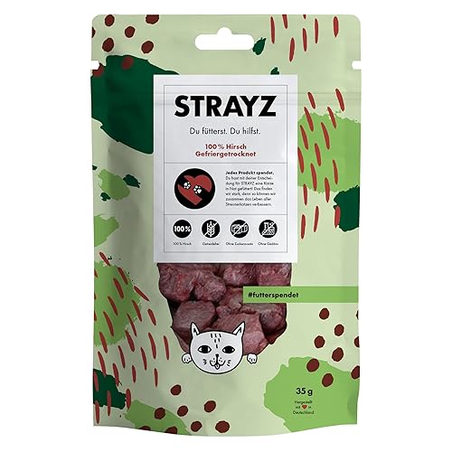 STRAYZ - Gefriergetrocknete Katzensnacks - 100% Hirsch: Hypoallergene Leckerlis ohne Zucker und Getreide - Spendet für Straßenkatzen - 35g
