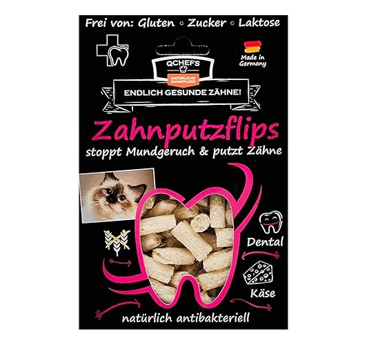 Qchefs ZAHNPUTZFLIPS Katzen Leckerlies mit dem Futter als Zahnpflege und Mundgeruch. Geschmacksneutral mit der Schleckpaste oder Nassfutter von der Leckmatte - Zahnputzflips